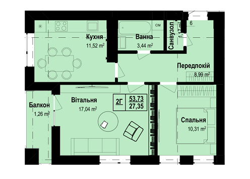 2-комнатная 53.73 м² в ЖК Vlasna от 23 000 грн/м², с. Ходосовка