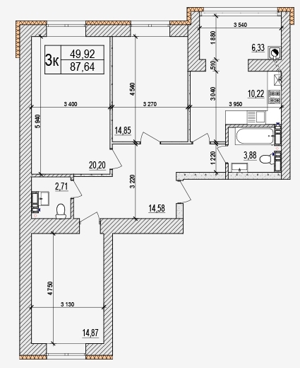 3-комнатная 87.69 м² в ЖК AGAM от 19 000 грн/м², с. Крюковщина