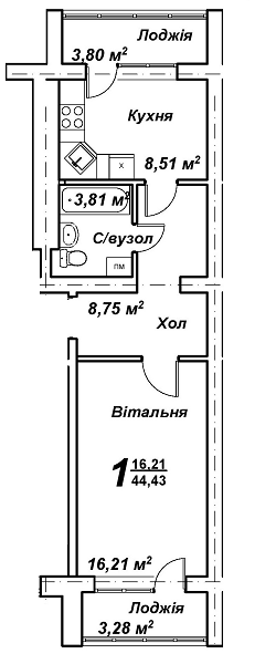 1-комнатная 44.43 м² в ЖК Молодежный городок от 14 500 грн/м², с. Крюковщина