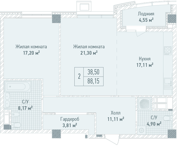 2-комнатная 88.15 м² в ЖК Бульвар Фонтанов от 71 280 грн/м², Киев