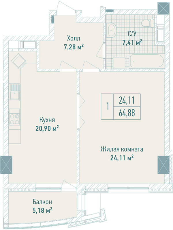 1-комнатная 64.88 м² в ЖК Бульвар Фонтанов от 71 280 грн/м², Киев