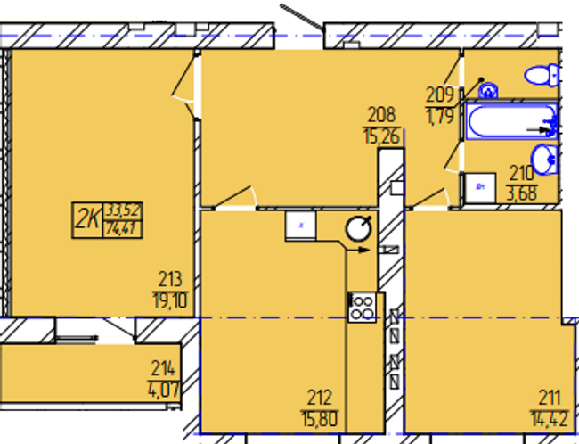 2-комнатная 74.41 м² в ЖК Гармонія 2 от застройщика, Хмельницкий