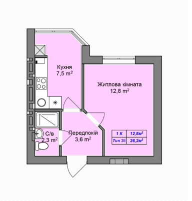 1-комнатная 26.2 м² в ЖК Пражский квартал 2 от застройщика, с. Петропавловская Борщаговка