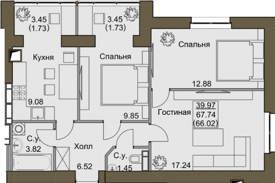 3-комнатная 67.74 м² в ЖК Софиевский квартал от 18 500 грн/м², с. Софиевская Борщаговка