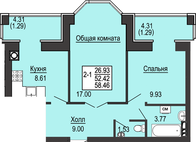2-комнатная 58.46 м² в ЖК Софиевская сфера от 17 000 грн/м², с. Софиевская Борщаговка