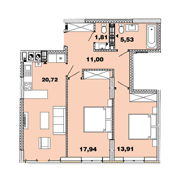 2-комнатная 70.91 м² в ЖК Crystal Avenue от 28 000 грн/м², с. Петропавловская Борщаговка
