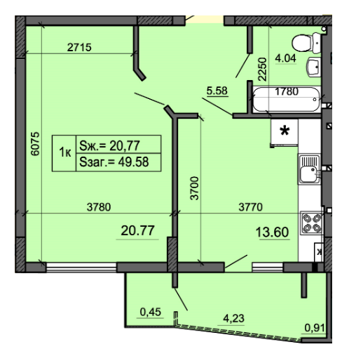 1-комнатная 49.58 м² в ЖК Миллениум (Приозерная, 8) от 17 050 грн/м², г. Новояворовск