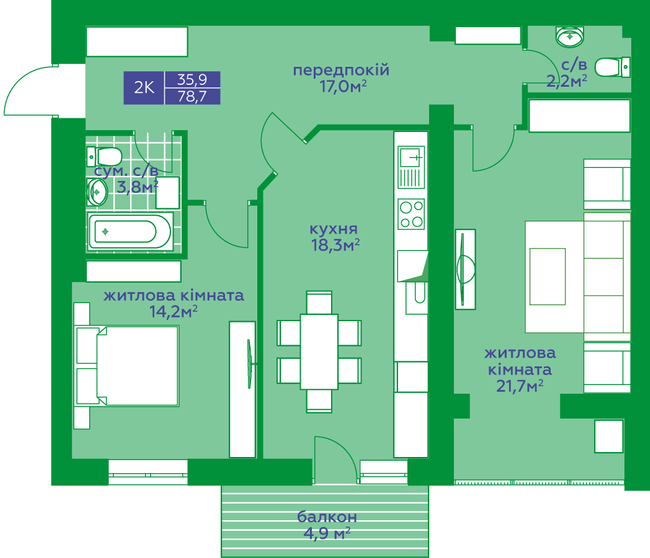 2-комнатная 78.8 м² в ЖК Квартал Парковый от 15 450 грн/м², г. Обухов