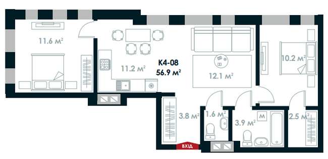 2-комнатная 56.9 м² в ЖК Atria City.Teremky от 22 100 грн/м², пгт Чабаны