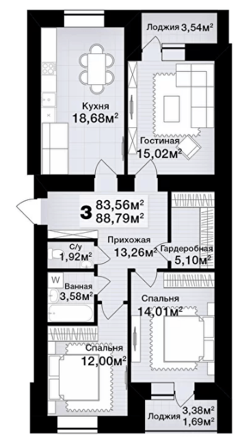 Продажа 3-комнатной квартиры 89 м²