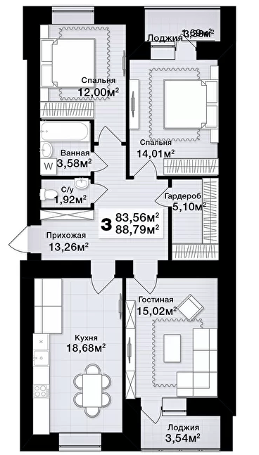 Продажа 3-комнатной квартиры 89 м²