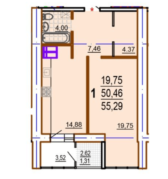 Продажа 1-комнатной квартиры 55 м²