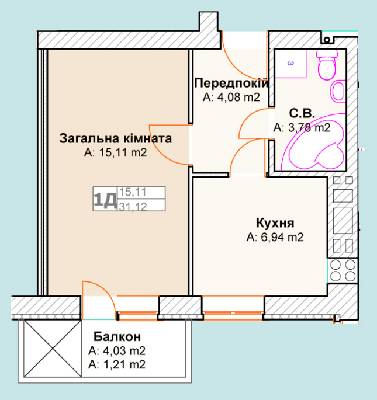 1-комнатная 31.12 м² в ЖК Талисман от застройщика, г. Ирпень
