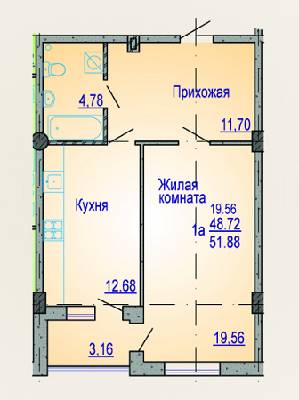 1-комнатная 51.88 м² в ЖК Виктория от застройщика, Харьков