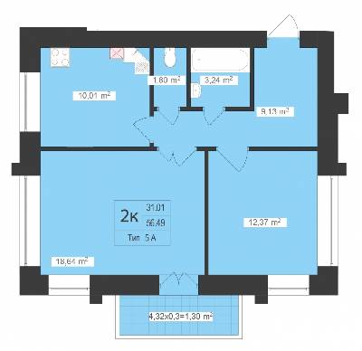 2-комнатная 56.49 м² в ЖК Центральный от застройщика, г. Буча