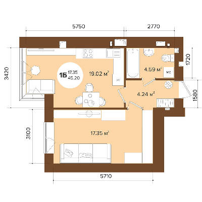 1-комнатная 45.2 м² в ЖК Фаворит Premium от 26 050 грн/м², г. Ирпень