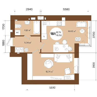 1-комнатная 46.52 м² в ЖК Фаворит Premium от 22 000 грн/м², г. Ирпень