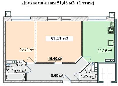 2-комнатная 51.43 м² в ЖК Ягода от застройщика, пгт Гостомель
