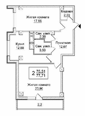 2-комнатная 77.71 м² в ЖК Слобожанский квартал от 18 800 грн/м², Харьков