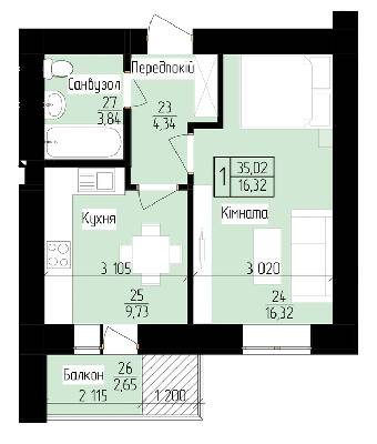 1-комнатная 35.02 м² в ЖК 9 Район от 13 200 грн/м², г. Мукачево