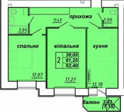 2-комнатная 62.4 м² в ЖК Оград от застройщика, Тернополь