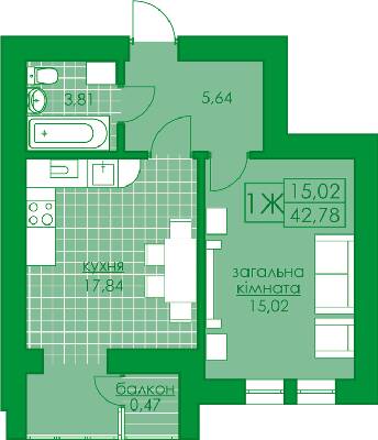 1-комнатная 42.78 м² в ЖК Киевский от 18 500 грн/м², г. Буча