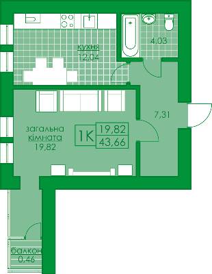 1-комнатная 43.66 м² в ЖК Киевский от 21 000 грн/м², г. Буча