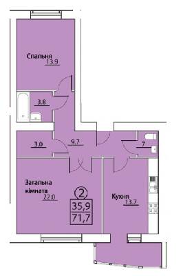 2-комнатная 71.7 м² в ЖК на просп. Грушевского, 50 от застройщика, г. Каменец-Подольский