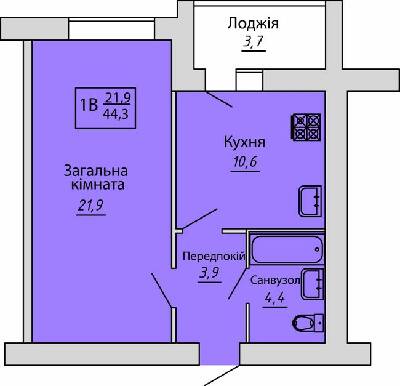 1-комнатная 44.3 м² в ЖК Киевский от 15 700 грн/м², Сумы