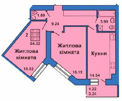 2-комнатная 64.32 м² в ЖК на ул. Весенняя, 9 от 24 000 грн/м², Полтава