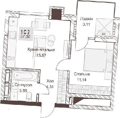 1-кімнатна 37.3 м² в ЖК Pokrovsky Apart Complex від 28 650 грн/м², Рівне