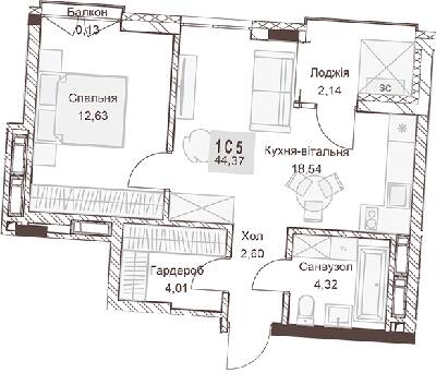 1-кімнатна 44.37 м² в ЖК Pokrovsky Apart Complex від 31 550 грн/м², Рівне