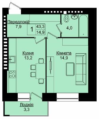 1-комнатная 43.3 м² в ЖК Уютный дом от 18 300 грн/м², Тернополь