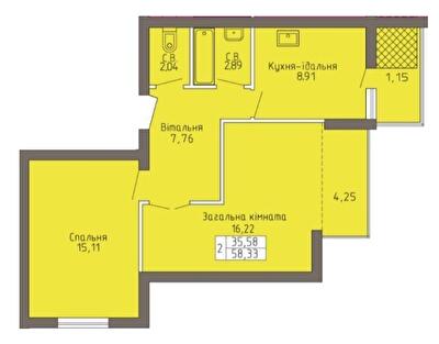 2-комнатная 58.33 м² в ЖК Магнолия от 19 000 грн/м², Хмельницкий