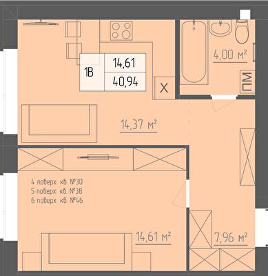 1-кімнатна 40.94 м² в ЖК Abricos від 16 450 грн/м², Рівне