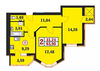 2-комнатная 63.9 м² в ЖК Гетманский от 18 200 грн/м², Хмельницкий