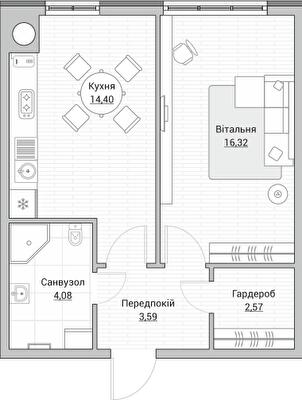 1-комнатная 39.68 м² в ЖК Евромисто от 24 500 грн/м², с. Крюковщина