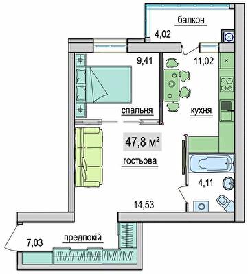 1-комнатная 47.8 м² в ЖК Комфортный от 15 200 грн/м², Чернигов