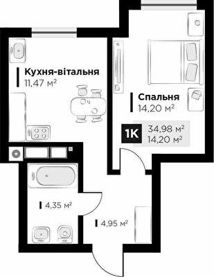 1-комнатная 34.98 м² в ЖК FEEL HOUSE от 26 100 грн/м², с. Сокольники