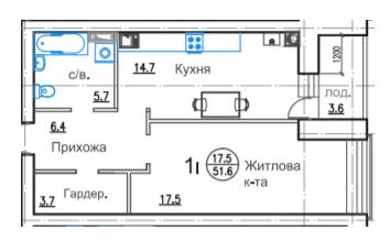 1-комнатная 51.6 м² в ЖК Горизонт от 17 500 грн/м², г. Белая Церковь