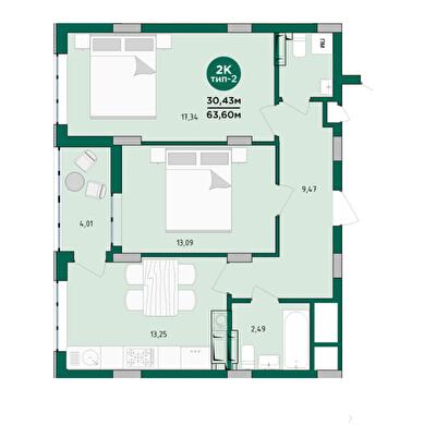 2-комнатная 64.36 м² в ЖК Wellspring от 29 550 грн/м², г. Вишневое