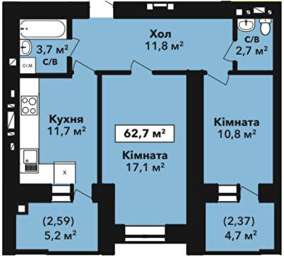 2-комнатная 62.7 м² в ЖК Перлина Проскурова-2 от 15 100 грн/м², Хмельницкий