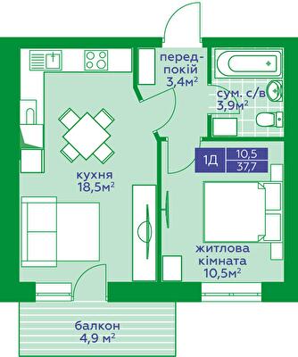 1-комнатная 37.7 м² в ЖК Квартал Парковый от 18 350 грн/м², г. Обухов