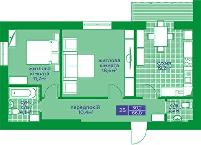 2-комнатная 66 м² в ЖК Квартал Парковый от 16 950 грн/м², г. Обухов