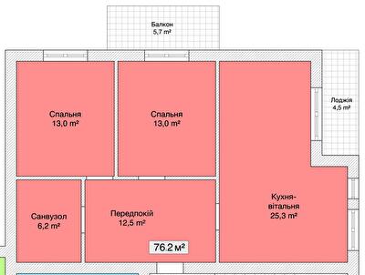 2-комнатная 76.2 м² в ЖК Княжий от 25 950 грн/м², Винница