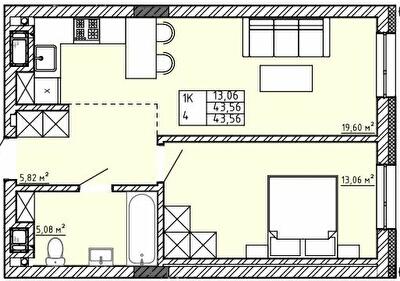 1-комнатная 43.56 м² в Апарт-комплекс APART HALL от 18 000 грн/м², с. Сокольники