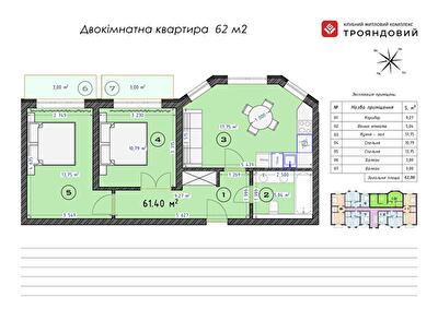 2-комнатная 61.4 м² в ЖК Трояндовый от 30 000 грн/м², г. Бровары