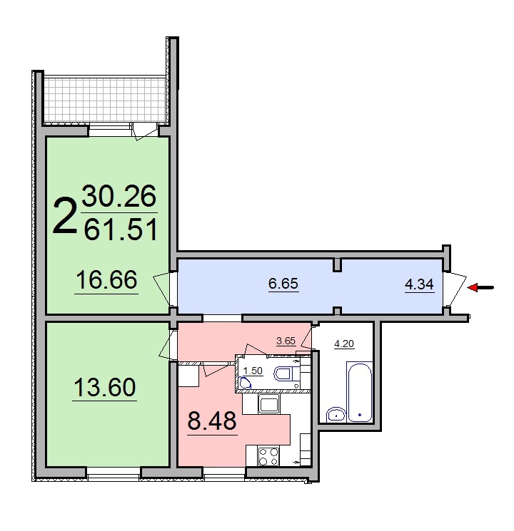 2-комнатная 61.51 м² в ЖК на ул. Березовая (Кирова), 28 от застройщика, г. Бровары