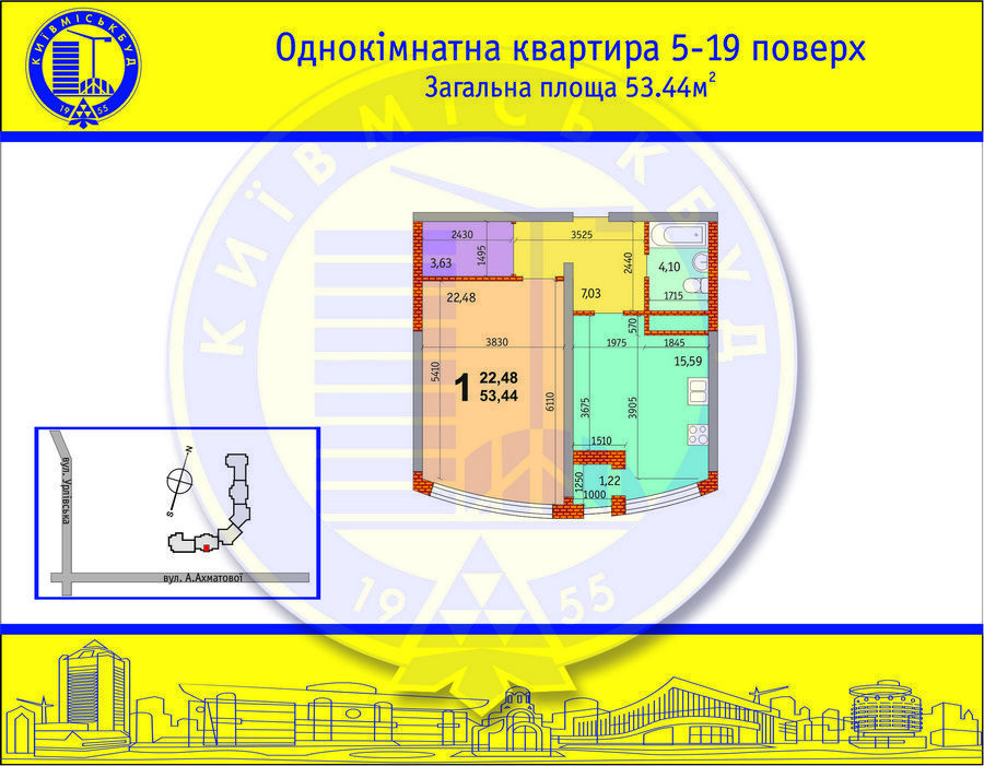 1-комнатная 54.33 м² в ЖК на ул. Ахматовой, 30 (стройпл. 7, Позняки-2) от застройщика, Киев