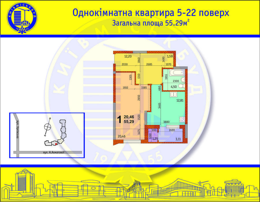 1-комнатная 55.29 м² в ЖК на ул. Ахматовой, 30 (стройпл. 7, Позняки-2) от застройщика, Киев